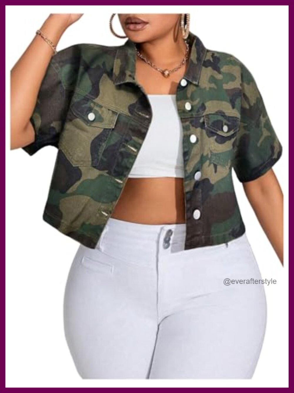 Plus Size Camo Crop Denim Jacket Women's Button Down Short Sleeve Jean Coat